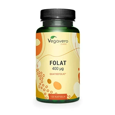 Obrázek Kapsle s kyselinou listovou 400 μg PREMIUM: Quatrefolic® 5 MTHF Folat žádná levná kyselina listová surovina z Itálie přání dětí těhotenství bez přísad německá výroba Vegavero®