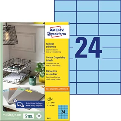 Obrázek AVERY Zweckform 3449 modrých etiket (2 400 nálepek, 70 x 37 mm na A4, permanentně držící, samolepicí barevné etikety, papír matný, potisknutelné, lepicí etikety) 100 listů