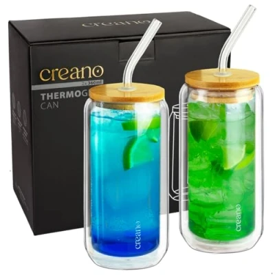 Obrázek Creano dvoustěnné sklenice na pití s bambusovým víčkem a brčkem 360 ml smoothie hrnek Bubble Tea Koktejlová 2dílná sada
