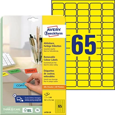 Obrázek AVERY Zweckform L4793 20 Žluté etikety (1 300 nálepek, 38,1 x 21,2 mm na A4, opět beze zbytku odstranitelné, samolepicí barevné etikety, papír matný, potiskovatelné, lepicí etikety) listů