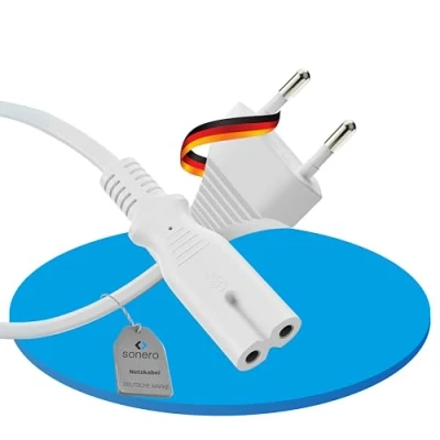 Obrázek sonero Napájecí kabel síťový 2 póly, 1,50 m, Euro zástrčka typu C síťová na zdířku IEC C7 8 zástrčka, zdroj proud pro TV, PS5, PS4, PS3, domácí spotřebiče, bílý