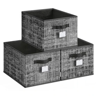 Obrázek SONGMICS Úložný box sada 3 ks, skládací, látkové boxy, 40 x 30 24 cm, do šatní skříně, 2 rukojeti, etikety, ložnice, obývacího pokoje, tmavě černá ROB440B01