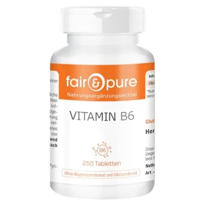 Obrázek Fair &amp; Pure® Vitamín B6 tablety 22,5 mg 250 tablet velké balení Vegan pyridoxin HCl
