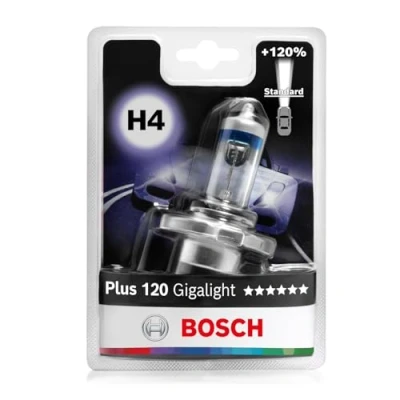 Obrázek Bosch H4 Plus 120 Gigalight Halogenová žárovka pro automobilové světlomety, 12 V 60/55 W, o % více světla patice žárovky typu P43t 1 náhradní do světlometu
