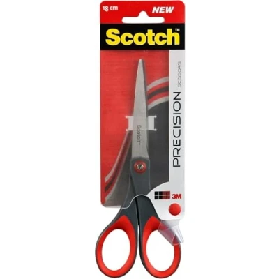 Obrázek Scotch přesné kancelářské nůžky s listy z nerezové oceli 18 cm ideální pro řezání, vhodné praváky i leváky barva šedá/červená