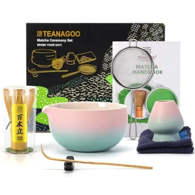Obrázek TEANAGOO Japanisches Tee Set (7tlg.) Matcha Besen Schale mit Ausgießer Bambus (chasen) Schaufel (chashaku) Halter Teezubereitungsset. N11, Grüner Farbverlauf Rosa