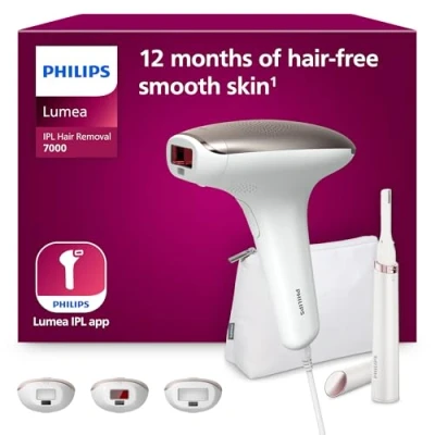 Obrázek Philips Lumea IPL přístroj na odstraňování chloupků řady 7000 se saténovým kompaktním korekčním zastřihovačem, 3 nástavce tělo, obličej a oblasti bikin (model