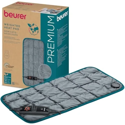Obrázek Beurer HK 145 Cosy Weight vyhřívaná podložka s hmotností, přiléhavý hřejivý polštář se skleněnými perlami, měkký materiál vyrobený z recyklovaných materiálů, hmotnost 1500 g, rychlé topení, 60 x 30 cm