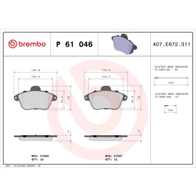 Obrázek Sada brzdových destiček, kotoučová brzda BREMBO P 61 046