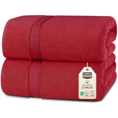 Obrázek Utopia Towels 2 velké osušky z bavlny s věšákem, ručníky do sauny, osušky, 90 x 180 cm (červené)