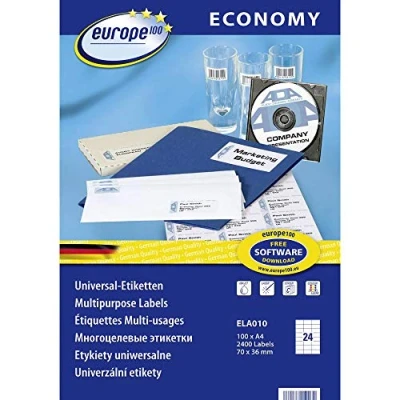 Obrázek Europe100 zboží ELA010 adresní nálepky (2 400 samolepicích štítků, 70 x 36 mm na A4, papír matný, individuálně potisknutelné, samolepicí etikety, kompatibilní s AVERY 3475) 100 listů, bílé