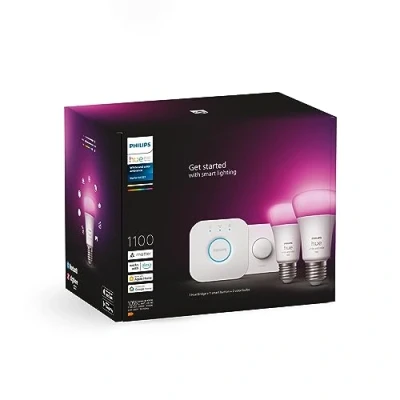 Obrázek Philips Hue White &amp; Color Ambiance Starter Set s žárovkami E27 balení 2 ks (1100), Smart Button + Bridge, Vítěz testu Stiftung Warentest (01/2024), 16 milionů barev lze ovládat jazykem a aplikací