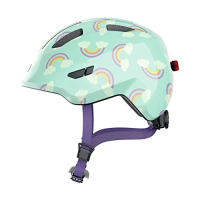 Obrázek ABUS Dětská helma Smiley 3.0 LED cyklistická přilba se světlem hluboký střih &amp; místo pro cop dívky a chlapce světle modrá s duhovým vzorem, velikost M