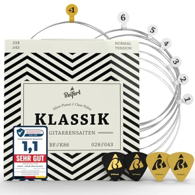 Obrázek BELFORT® Kytarové struny koncertní kytara, pro klasickou kytaru z nylonu a stříbra, akustická kytara (sada 6 strun) vč. 4 trsátka + extra vysokého e