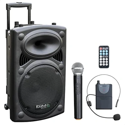 Obrázek Ibiza PORT12VHF BT přenosný reproduktor 12&quot;/700W MAX se 2 mikrofony (VHF), dálkovým ovládáním a ochranným pouzdrem Bluetooth, USB, SD 5 až 7 hodin provozu