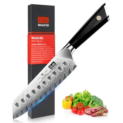 Obrázek SHAN ZU Damaškový nůž, nůž Santoku, kuchyňský 18 cm kuchařský Damašek AUS 10 ušlechtilá ocel ostrá čepel nože ergonomická rukojeť G10 vynikající dárkové balení série GYO