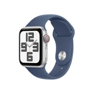 Obrázek Apple Watch SE (2. generace) GPS + Cellular 40 mm chytré hodinky s hliníkovým pouzdrem ve stříbrné barvě a sportovním řemínkem v Denim (S/M). Fitness sledovač spánku, detekce nehody, měřič srdeční