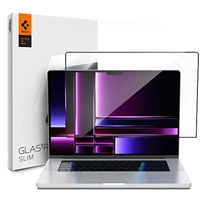 Obrázek Spigen Sklo. tR Slim ochrana displeje Pro MacBook 16 palců (M4 / M4 Max M3 Serie M2 série M1 série), černé plné zakrytí, 9H sklo, proti poškrábání, ochranná fólie