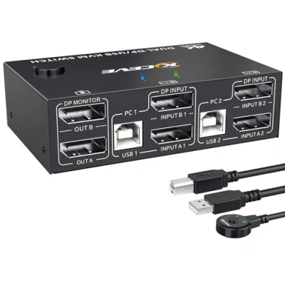 Obrázek YOUTINGHDAV Displayport KVM Switch 2 PC Monitore, 4K@144Hz, 1.4 Dual Monitor, USB DP für Teilen 4 Geräte Tastatur, Maus, mit Kabels
