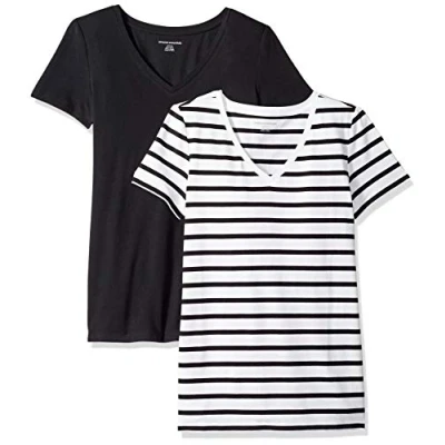 Obrázek Amazon Essentials Dámské tričko s krátkým rukávem výstřihem do V, klasický střih, balení 2 ks, černá/bílá proužky, XS