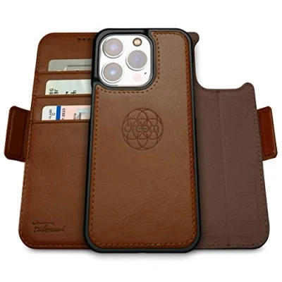Obrázek Dreem Fibonacci iPhone 14 pro pouzdro na peněženku / 2 v 1 nárazuvzdorné MagSafe Case a odnímatelná luxusní veganská kožená fólie s ochranou karet RFID stojanem; ženy muže čokoláda