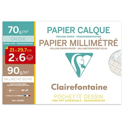 Obrázek Clairefontaine 97528C Mappe (6 Bögen Millimeterpapier und 6 Transparentpapier, ideal für technische Zeichnen, 12 Bögen, DIN a4, 21 x 29,7 cm, 70 g)