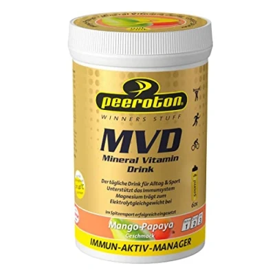 Obrázek Peeroton MVD minerální vitamin nápoj mango papája, elektrolyt prášek s 5 podstatnými elektrolyty a zinkem, hořčík vitamín C pravidelně užívejte posilujte imunitní systém, 300 g