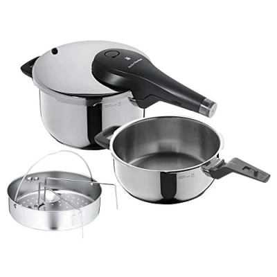 Obrázek WMF Perfect Premium One Pot sada tlakového hrnce, indukční 3dílná, parní hrnec 4,5 l + 3 s nástavcem, velký na vaření, nerezová ocel Cromargan, 2 stupně otočný knoflík