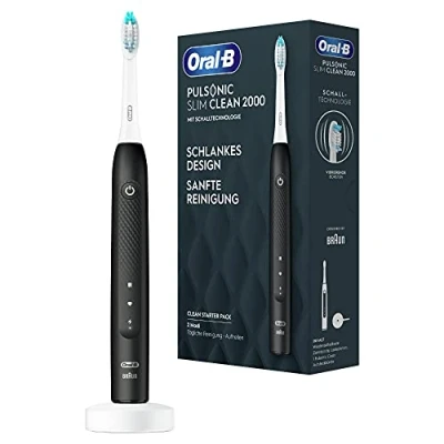 Obrázek Oral B Pulsonic Slim Clean 2000 elektrický sonický zubní kartáček/elektrický kartáč, 2 režimy čištění pro péči o zuby a zdravé dásně s časovačem, navrženo společností Braun, černý, 1 kus (1 ks v