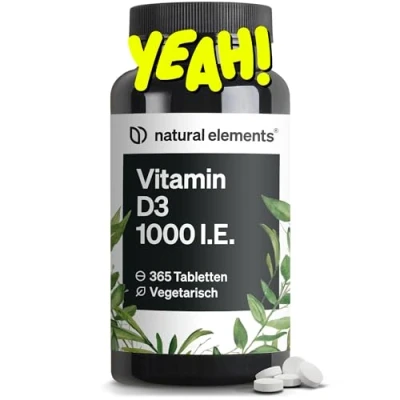 Obrázek Vitamín D3 1000 I.E 365 tablet v roční zásobě vitamin D pro kosti a imunitní systém vysoká dávka, bez zbytečných přísad vyrobeno Německu laboratorně testováno
