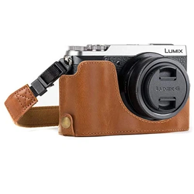 Obrázek MegaGear Ever Ready kožený fotoaparát poloviční pouzdro s popruhy na nošení a připojením baterie pro Panasonic Lumix DMC GX85, GX80 světle hnědá