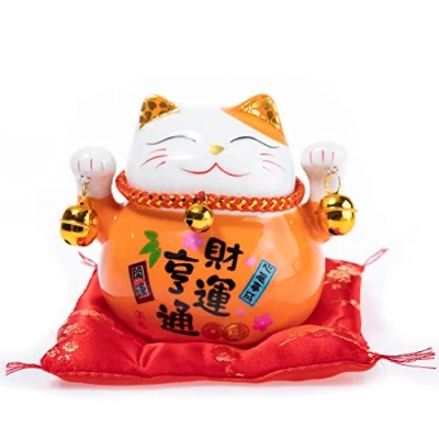 Obrázek lachineuse Katze Maneki Neko Spardose Glücksbringer Japanisch Traditionen aus Asien Colori Orange Porzellan Dekorative und Geschenkidee Japan Schutz, Glück
