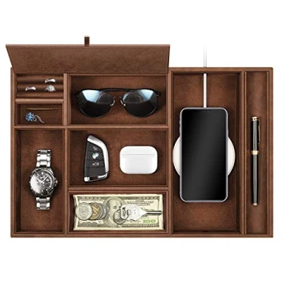 Obrázek SITHON Taschenleerer Tisch Organizer, 8 Fäche Tablett Organizer Ablage Aufbewahrungsbox Kunstleder Nachttisch Kosmetiktablett Münzbox Schlüssel Schmuck (Braun)