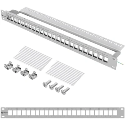 Obrázek hb digital 24 Port Patchpanel Rozvaděč Patchfeld Modular pro RJ45 Keystone Module 19 palců CAT 5 6 7 síťovou skříň LAN Professional TIA568A TIA568B Switch zemnicí kabel světle šedý