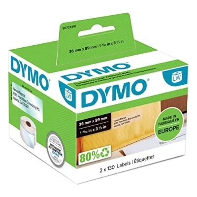 Obrázek DYMO Originální adresní štítky LabelWriter 36 mm x 89 černé na průhledných 2 role se 130 snadno odstranitelnými (260 etiket) pro tiskárny etiket