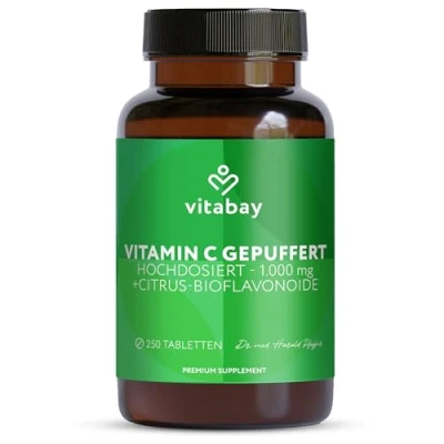 Obrázek Vitabay vysoce koncentrovaný vitamin C 1000 mg + bioflavonoidy VEGAN 250 kyseliny askorbové vitamínu tablety přírodní vitamín pufrované dávkované kapsle s vitaminem