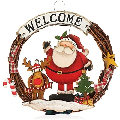 Obrázek com four® vánoční věnec splétaný na dveře Welcome Vánoce dekorace k zavěšení dřevěný cca Ø 25 cm (Santa Claus M)