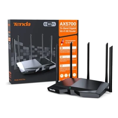Obrázek Tenda RX27 pro WiFi 6E WLAN router (AX5700 Tri Band 6GHz:2402Mbps+5GHz: 2402Mbps+2,4 GHz:861 Mbps), 5 * 6dBi antény, Gigabit Port, MU MIMO, VPN, IPv6, WPA3, WiFi+ Mesh AR/VR/4K/8K video, černý