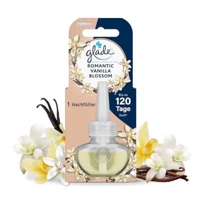 Obrázek Glade electric scented oil náhradní náplň, elektrická vůně do místnosti s vonným olejem, Romantic Vanilla Blossom, 1 balení (1 x 20 ml)