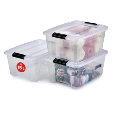 Obrázek IRIS OHYAMA 103428 New Top Box NTB 15 stohovatelné úložné boxy s aretací, plast, průhledné víko, L, sada 3