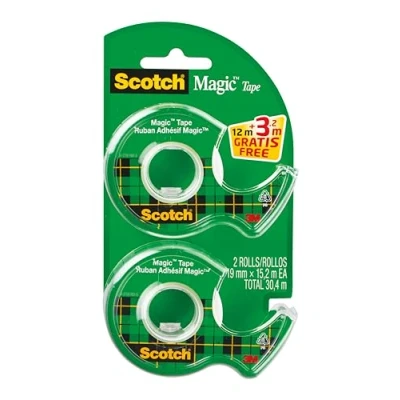 Obrázek Scotch Magic Tape 2 ruční odvíječe, 19 mm x 12 m + 3,2 zdarma Neviditelná lepicí páska pro všeobecné účely k opravě, etiketování a zapečetění dokumentů