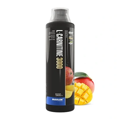 Obrázek Maxler L Carnitine 3000 Mango 500 ml ve vysokých dávkách Carnitin Liquid Veganský doplněk stravy mg účinku v jedné porci 20 porcí včetně odměrky