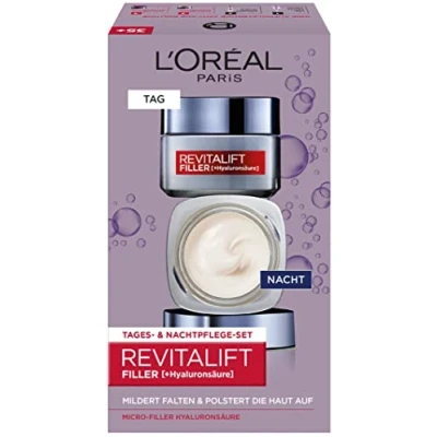 Obrázek L&#039;Oréal Paris Sada péče o obličej, hyaluronová anti aging, denní a noční proti vráskám, s mikrovýplní kyselinou hyaluronovou, Revitalift Filler, 2x 50 ml