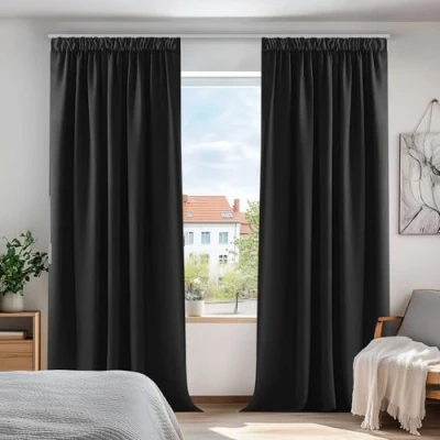 Obrázek Deconovo Zatemňovací závěs s řasicí páskou záclony, termoizolační tepelná ochrana proti chladu, termo záclona horku, 290 x 140 cm (výška šířka), černá, sada 2 ks