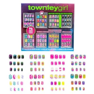Obrázek Townley Girl 96dílné nehty k lisování, včetně 3D a ve tmě svítících umělých nehtů, sada pro děti s předem nalepenou, plně kryjící sadou akrylových nehtů