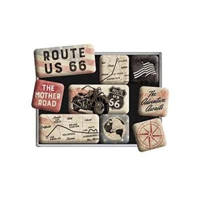 Obrázek Nostalgic Art Retro magnety na lednici, 9 kusů, mapa trasy 66 nápad dárek pro fanoušky USA, magnetická sada magnetické tabule, vintage design