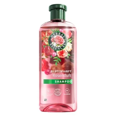 Obrázek Herbal Essences Jemný šampon s vůní růže 350 ml. Od matných vlasů po hedvábně lesklé vlasy, růžovou esencí, obsažené látky přírodního původu, veganské, bez silikonů