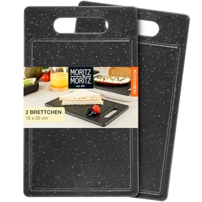 Obrázek Moritz &amp; 2x krájecí prkénka plast s drážkou na šťávu v žulovém vzhledu 25 x 15 cm bez BPA snídaňové prkénko sada krájecích prkének hygienická a vhodná do myčky