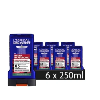 Obrázek L&#039;Oréal Men Expert Hyaluron sprchový gel a šampon pro muže, k čištění těla, vlasů obličeje, pánská péče o tělo vlhkost s kyselinou hyaluronovou, Hydra Hyaluronic, 6 x 250 ml