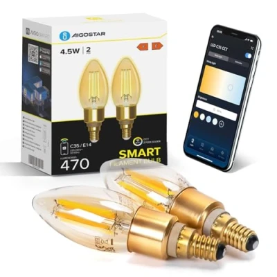 Obrázek Aigostar Žárovka Alexa E14 Edison, 4,5 W, 470 lm, stmívatelné retro žárovky, C35, chytrá lampa, WiFi, stmívatelná, 2700 K 6500 K, ovládání přes aplikaci, kompatibilní s hlasovými asistenty a